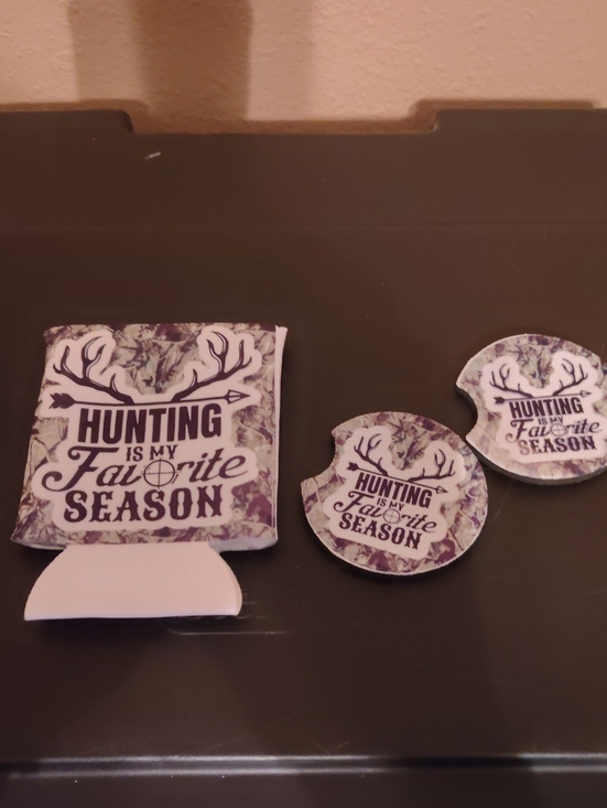 Other - Hunting Is My Favorite Season Can Cooler & Car Coasters Set - White/Purple